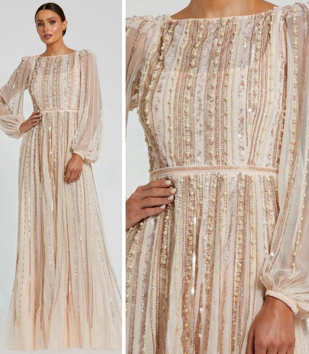 Mac Duggal 94081 Peach Size 16 Boat Neck Long Sleeve Striped Beading Gown NWT